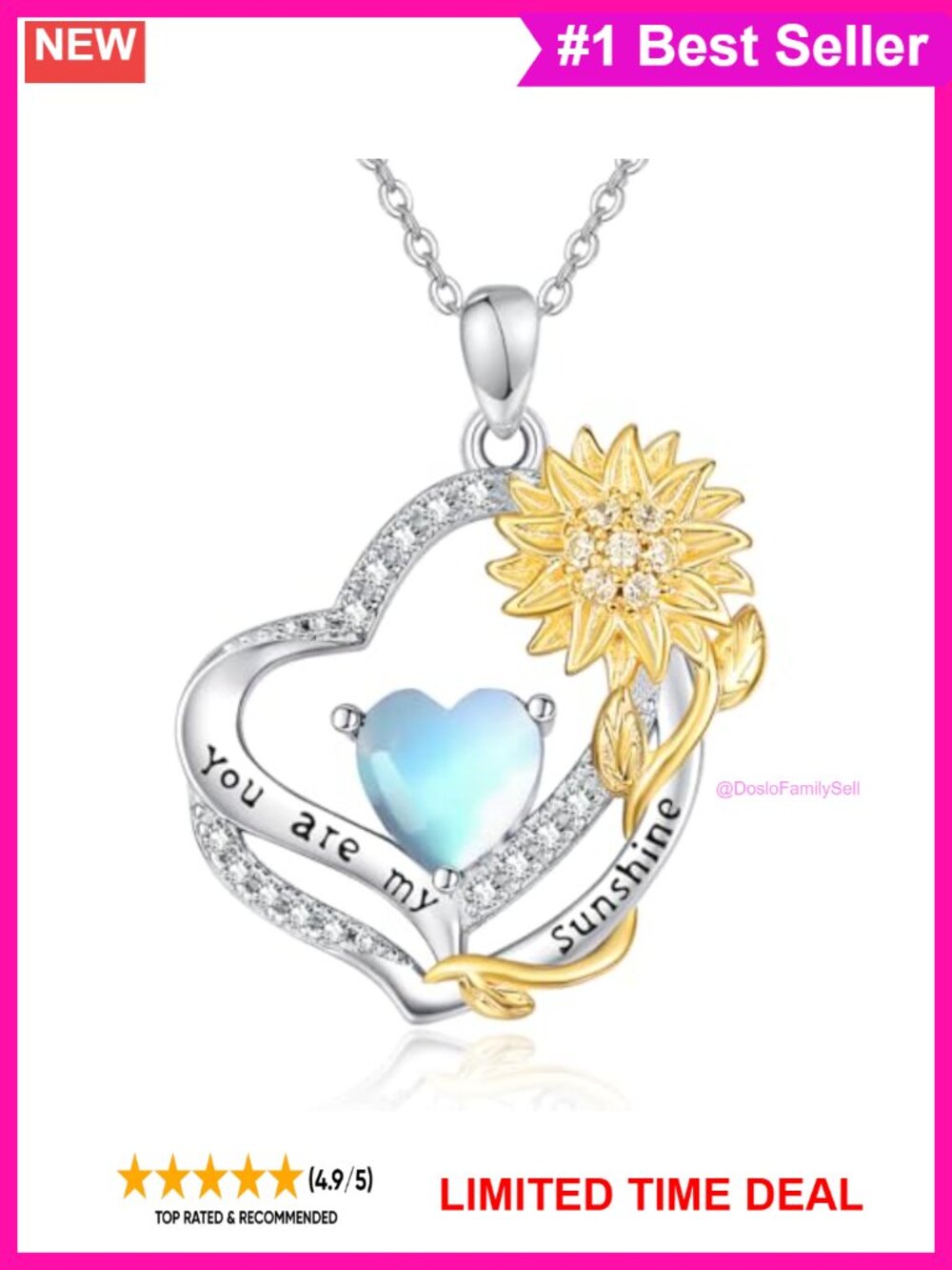 Sunflower Birthstone Necklace 925 Sterling Silver Heart Pendant You Are My